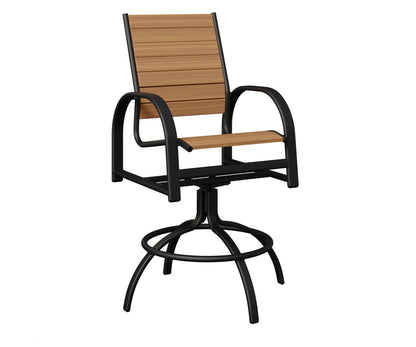 Berlin Gardens Murphy Poly Swivel Bar Chair in Black, Natural Teak slats
