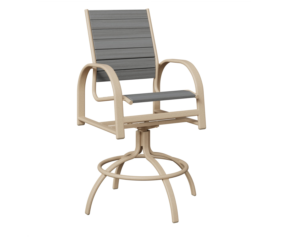 Berlin Gardens Murphy Poly Swivel Bar Chair in Luna Multi, Driftwood Gray slats