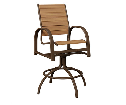 Berlin Gardens Murphy Poly Swivel Bar Chair in Mesquite Wood Vein, Natural Teak slats