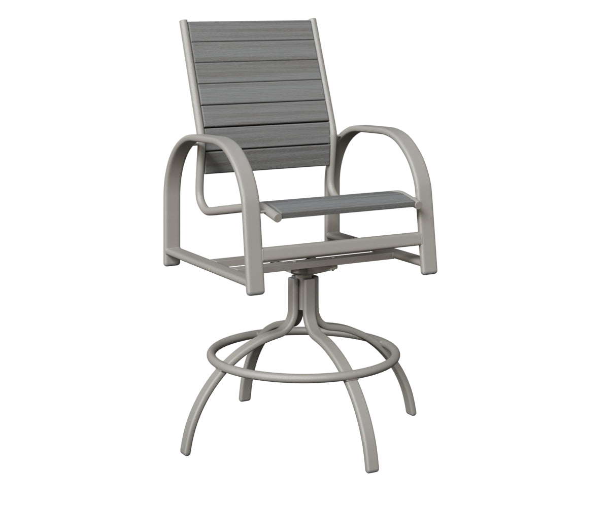 Berlin Gardens Murphy Poly Swivel Bar Chair in Platinum Silver, Driftwood Gray slats