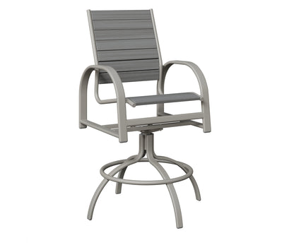Berlin Gardens Murphy Poly Swivel Bar Chair in Platinum Silver, Driftwood Gray slats