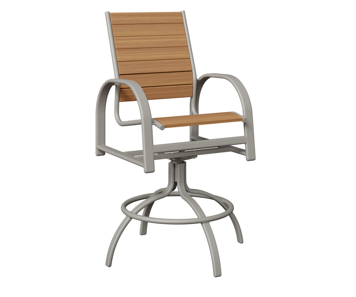 Berlin Gardens Murphy Poly Swivel Bar Chair in Platinum Silver, Natural Teak slats