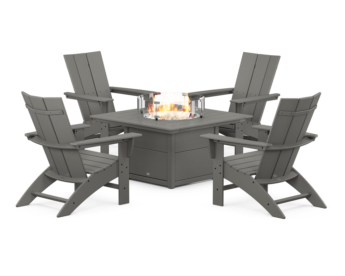POLYWOOD Modern Curveback Adirondack 5-Piece Conversation Set with Fire Pit Table