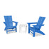 Two blue Adirondack chairs with a white table on a white background