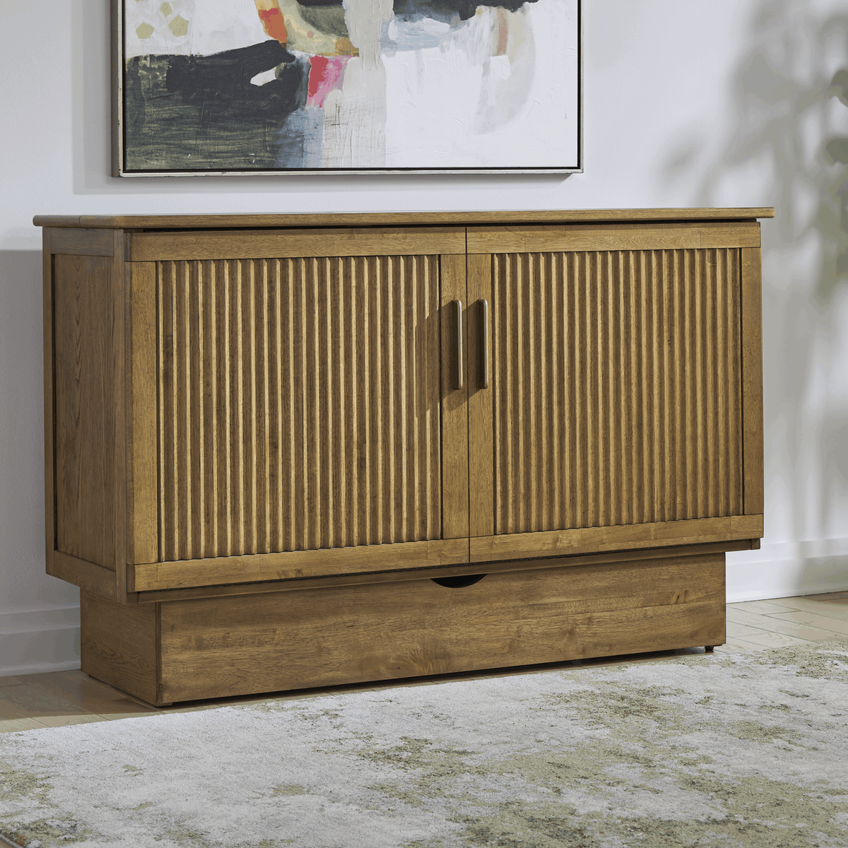 Verona Murphy Bed in reeded medium brown closed cabinet