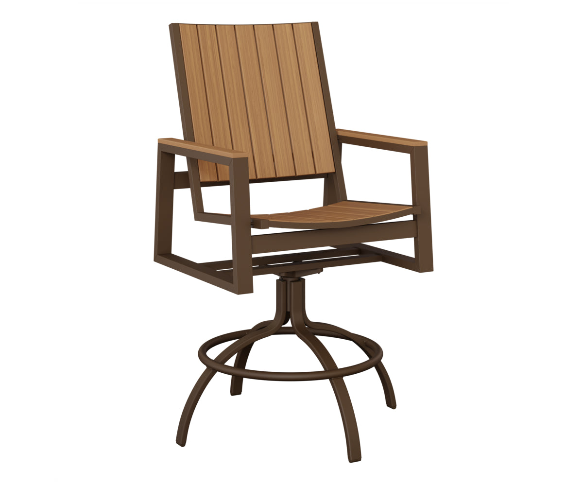Berlin Gardens Vida Poly Swivel Bar Chair in Mesquite Wood Vein, Natural Teak slats