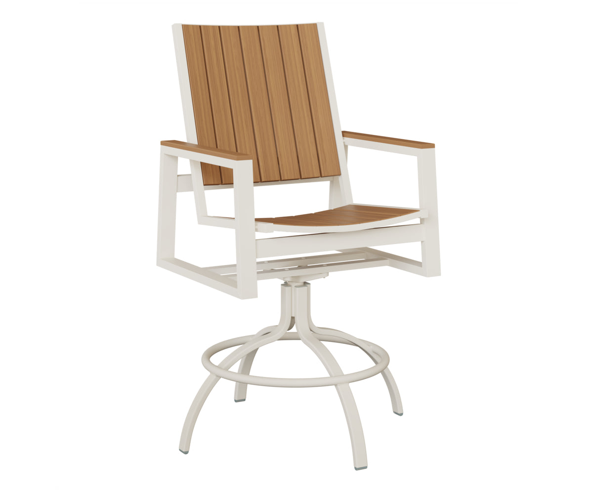 Berlin Gardens Vida Poly Swivel Bar Chair in White, Natural Teak slats