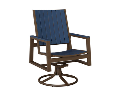 Berlin Gardens Vida Poly Swivel Rocker Dining Chair in Mesquite Wood Vein, Navy Blue slats