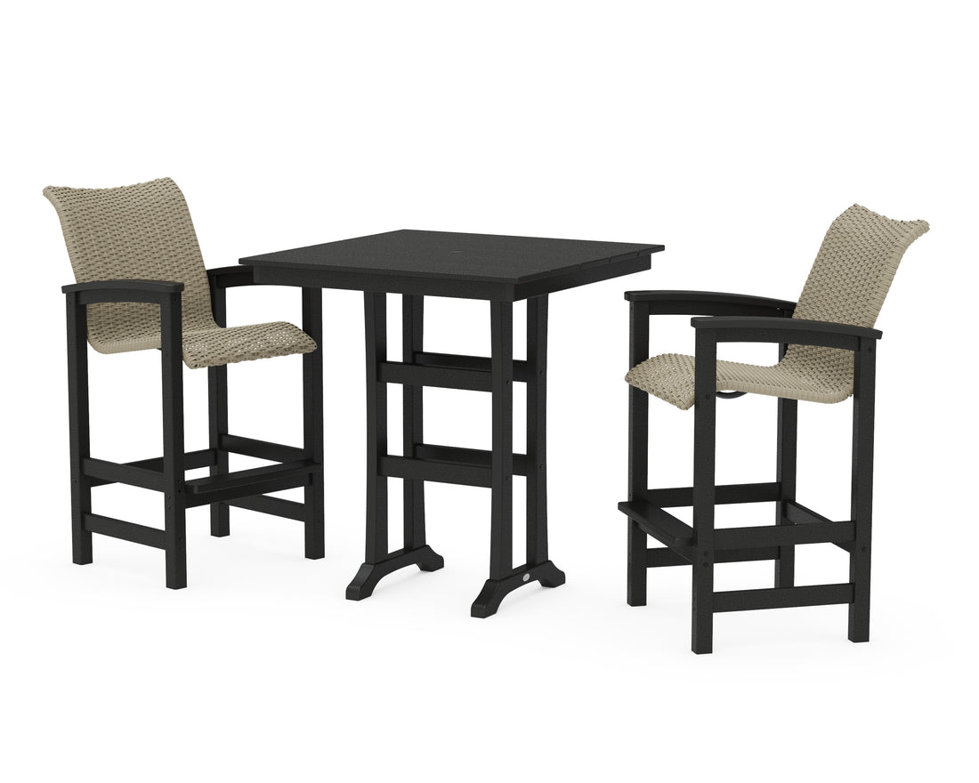 POLYWOOD Coastal Woven 3-Piece Farmhouse Bar Set with Trestle Legs in Black / Dune Grass