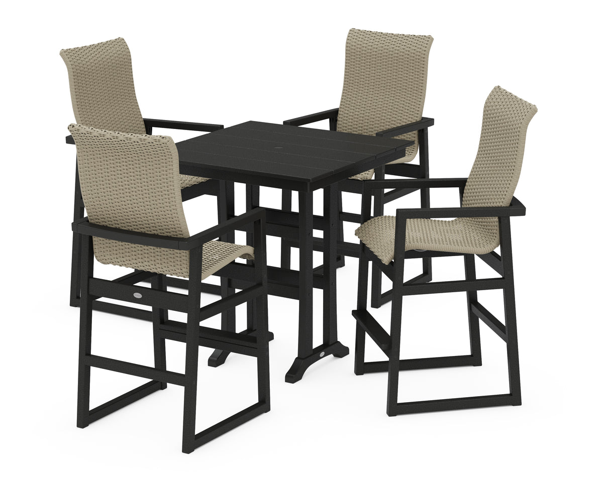 POLYWOOD EDGE Woven Highback 5-Piece Farmhouse Bar Set with Trestle Legs in Black / Dune Grass