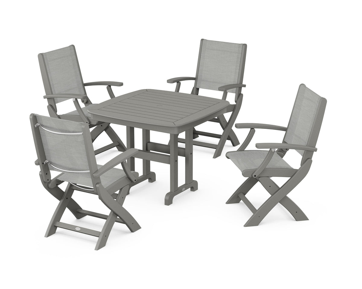 POLYWOOD Coastal Folding Chair 5-Piece Dining Set with Nautical 37" Dining Table in Slate Grey / Metallic