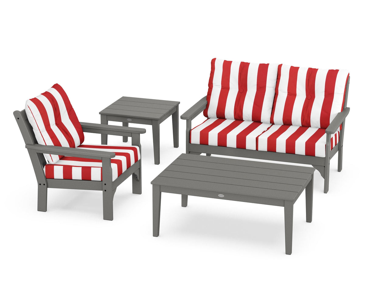 POLYWOOD Vineyard 4-Piece Deep Seating Set in Slate Grey / Cabana Stripe Crimson