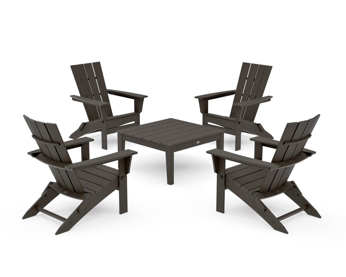 POLYWOOD Quattro Folding Chair 5-Piece Conversation Set in Vintage Coffee