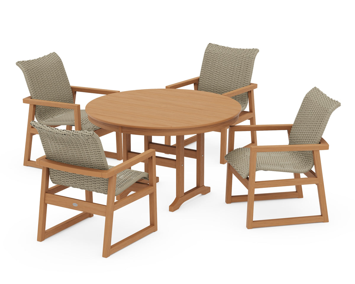 POLYWOOD EDGE Woven 5-Piece Round Farmhouse Dining Set in Natural / Dune Grass