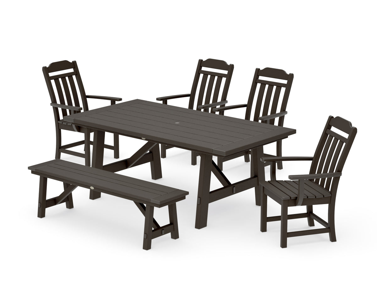POLYWOOD Cottage 6-Piece Rustic Farmhouse Dining Set with Bench in Vintage Coffee