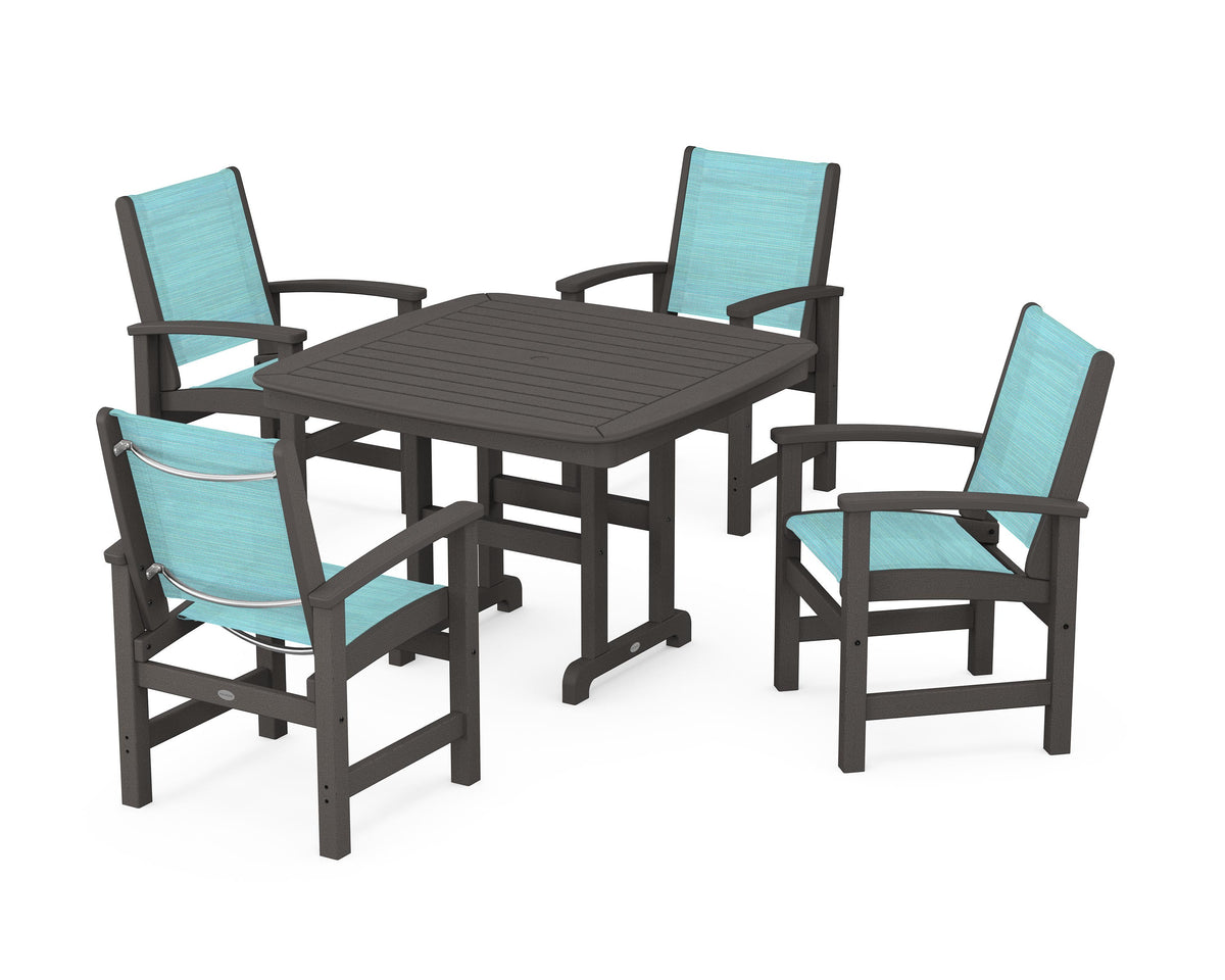POLYWOOD Coastal 5-Piece Dining Set with Nautical 44" Dining Table in Vintage Coffee / Dupioni Aquamarine