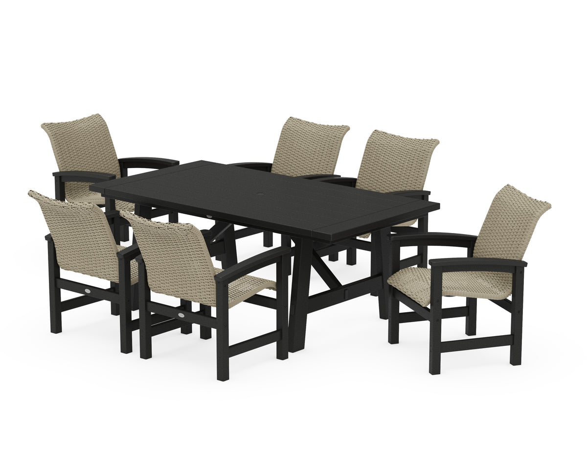 POLYWOOD Coastal Woven Arm Chair 7-Piece Rustic Farmhouse Dining Set in Black / Dune Grass