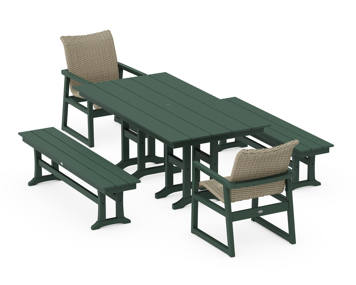 POLYWOOD EDGE Woven 5-Piece Farmhouse Dining Set with Benches in Green / Dune Grass