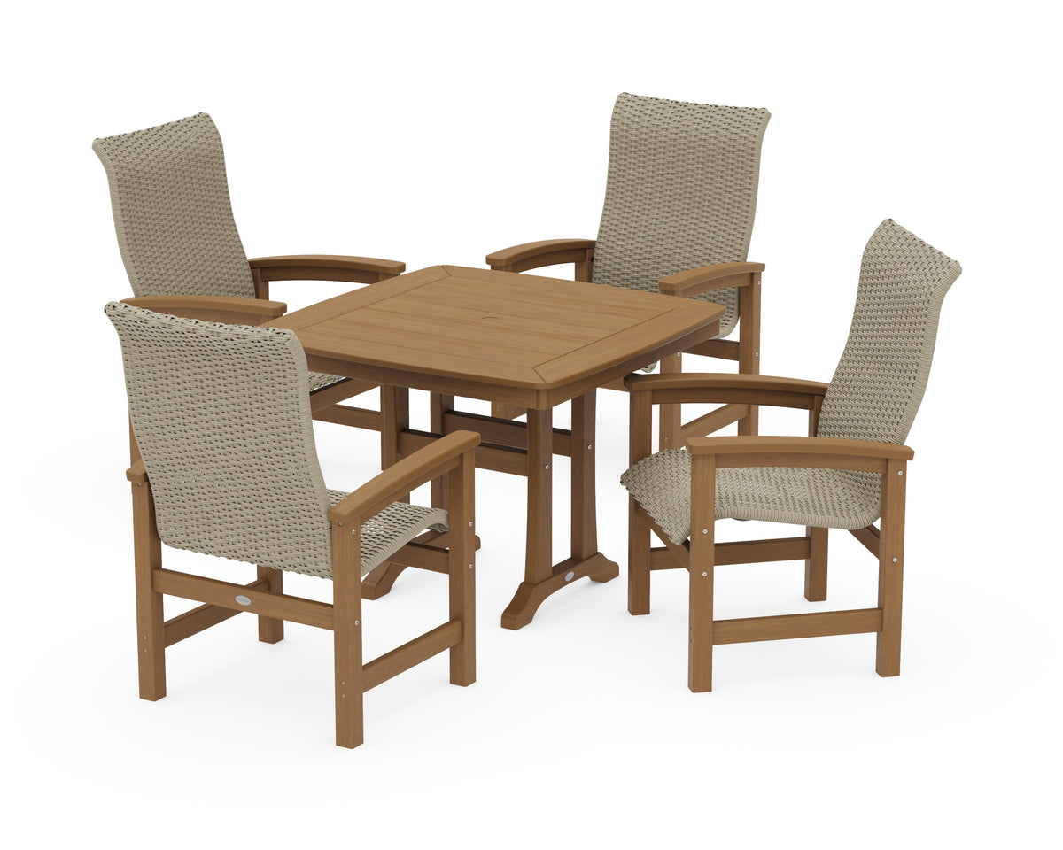 POLYWOOD Coastal Woven High-Back 5-Piece Dining Set with Trestle Legs in Natural / Dune Grass