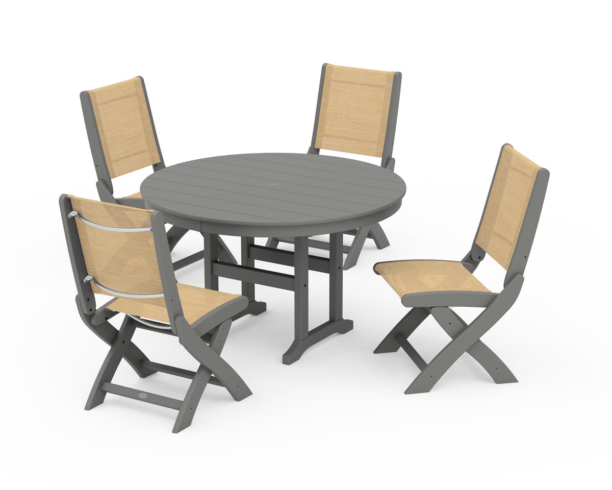 POLYWOOD Coastal Folding Side Chair 5-Piece Round Dining Set in Slate Grey / Dupioni Apricot