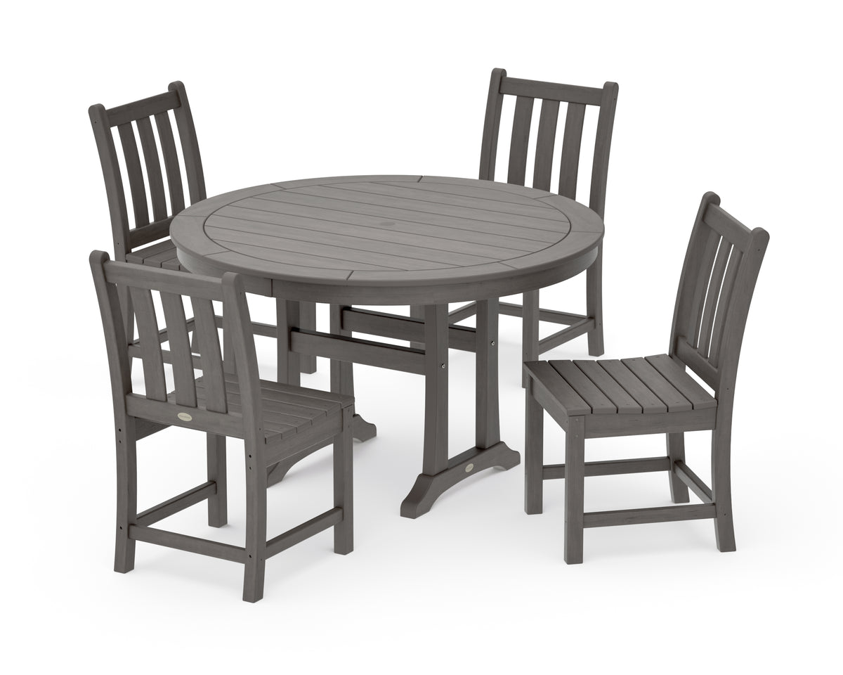 POLYWOOD Traditional Garden Side Chair 5-Piece Round Dining Set with Trestle Legs in Driftwood