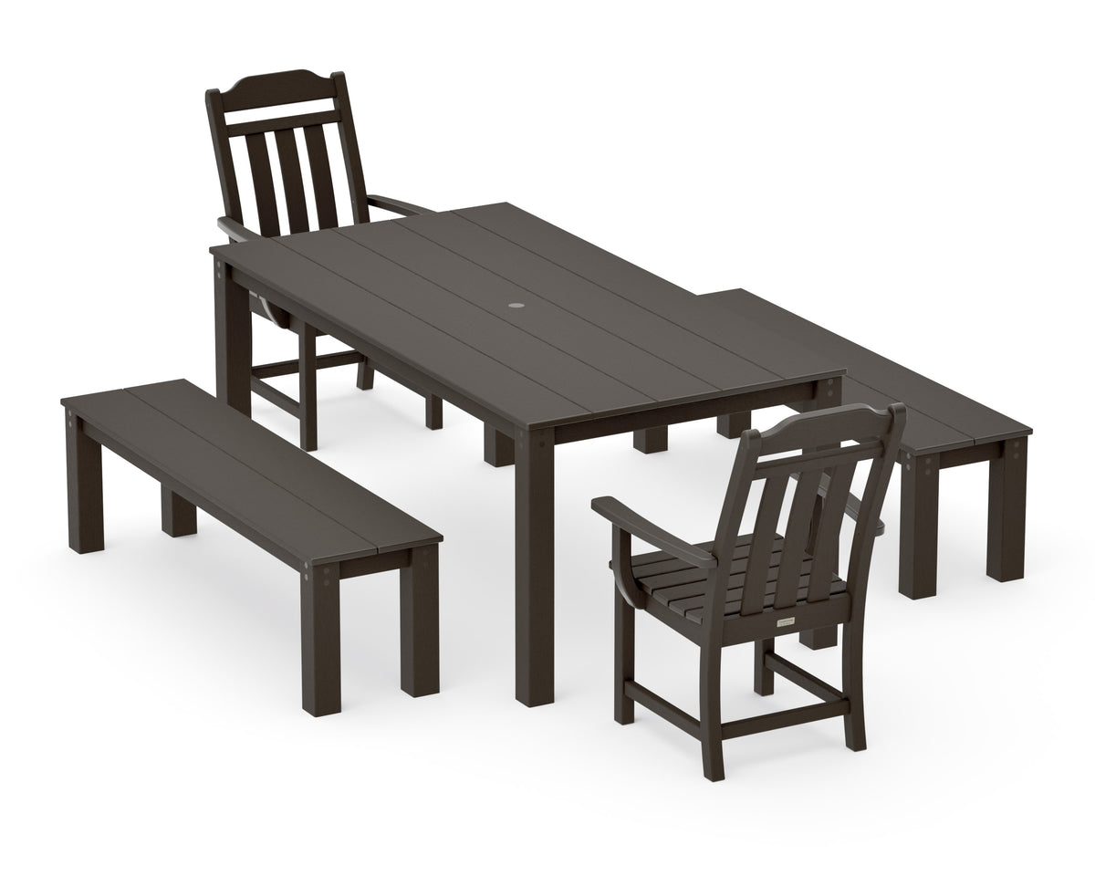 POLYWOOD Cottage 5-Piece Parsons Dining Set with Benches in Vintage Coffee