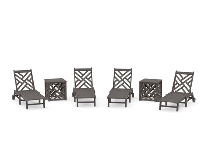 POLYWOOD Chippendale 6-Piece Chaise Set with Wheels and Umbrella Stand Accent Table in Driftwood