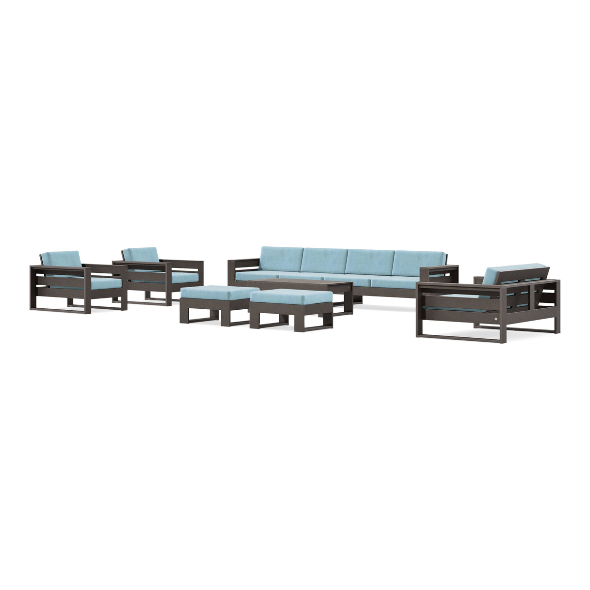 POLYWOOD PW Designer Series Latitude 8-Piece Lounge Sofa Set in Vintage Coffee / Lattice Sky Blue