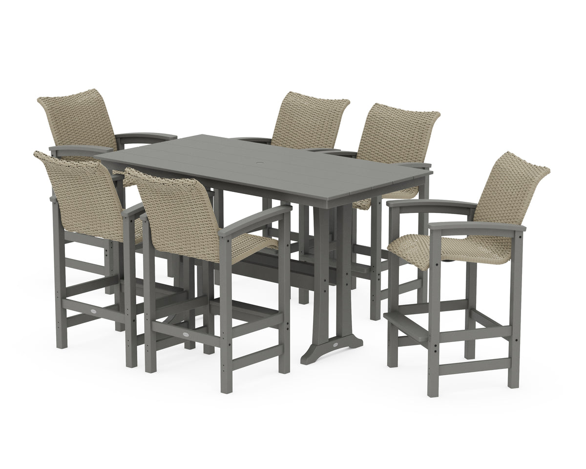 POLYWOOD Coastal Woven Arm Chair 7-Piece Farmhouse Bar Set with Trestle Legs in Slate Grey / Dune Grass