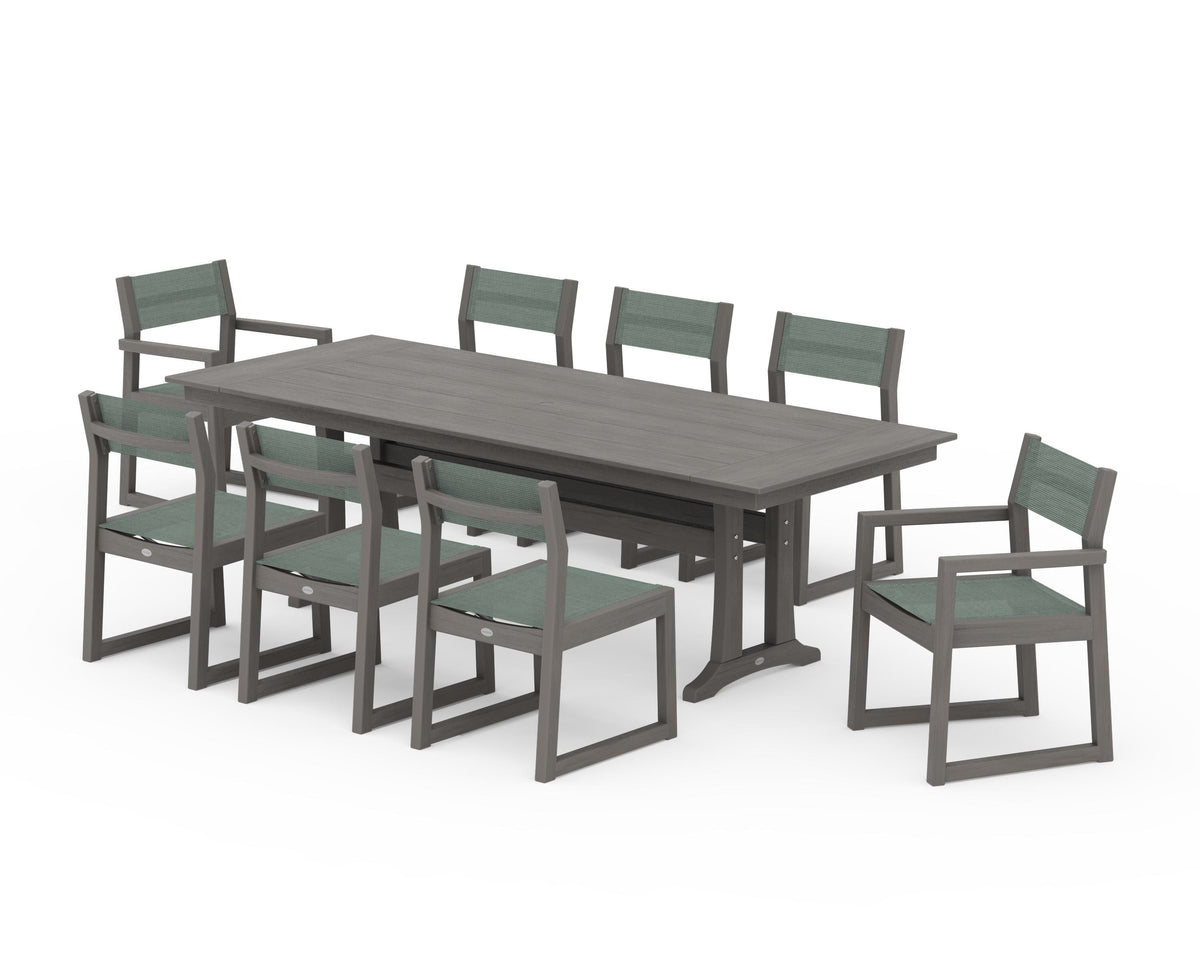 POLYWOOD EDGE Sling 9-Piece Farmhouse Trestle Dining Set in Driftwood / Dupioni Sea Mist