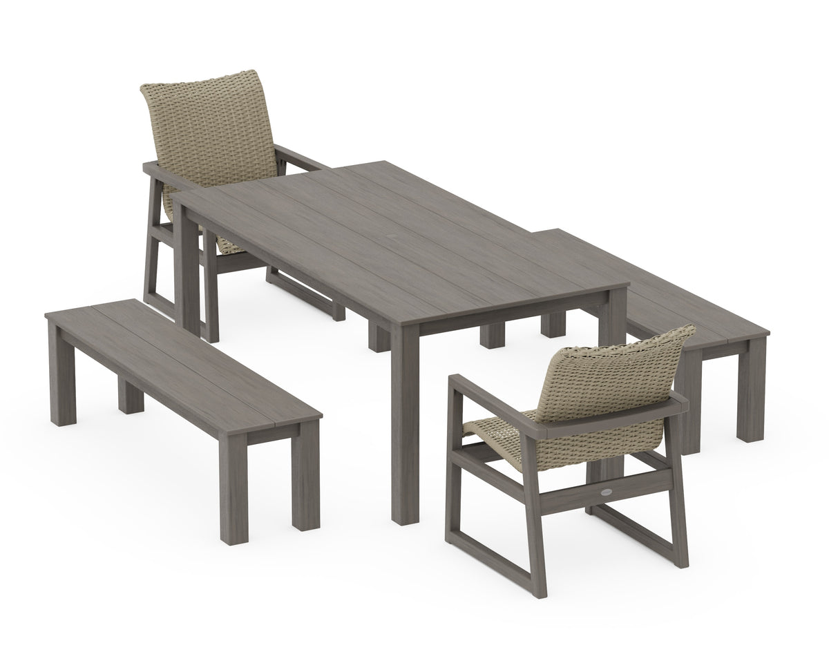 POLYWOOD EDGE Woven 5-Piece Parsons Dining Set with Benches in Driftwood / Dune Grass
