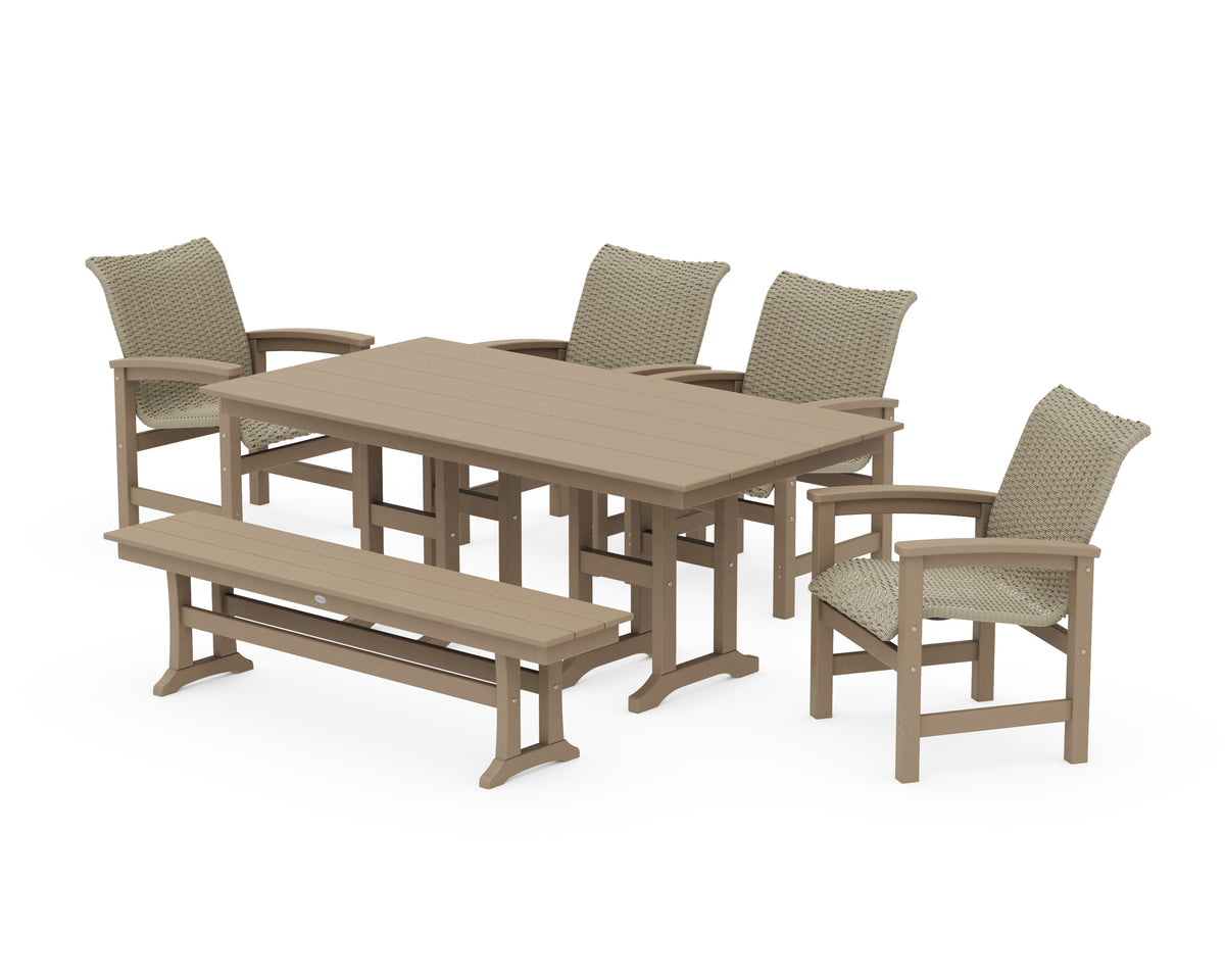 POLYWOOD Coastal Woven 6-Piece Farmhouse Dining Set with Bench with Farmhouse 37" x 72" Dining Table in Vintage Sahara / Dune Grass