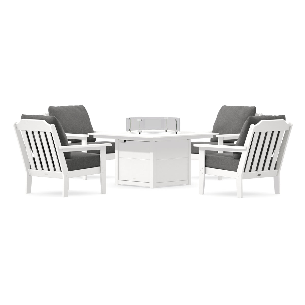 POLYWOOD Country Living Cottage 5-Piece Deep Seating Set with Fire Pit Table in White