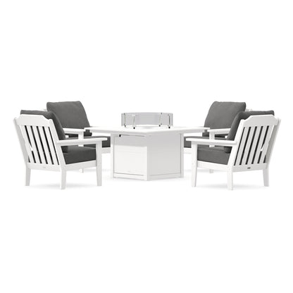 POLYWOOD Country Living Cottage 5-Piece Deep Seating Set with Fire Pit Table in White