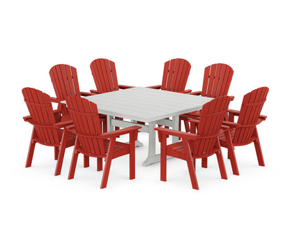 POLYWOOD Nautical Curveback Adirondack 9-Piece Square Dining Set with Trestle Legs in Sunset Red / White
