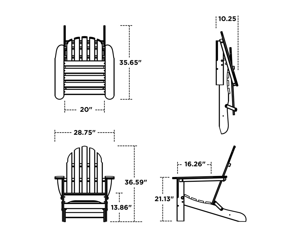POLYWOOD Classic Folding Adirondack Chair dimension drawing with width, depth and height measurements