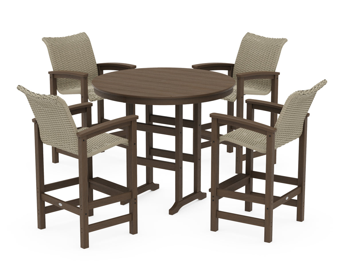 POLYWOOD Coastal Woven 5-Piece Round Farmhouse Bar Set in Kona / Dune Grass