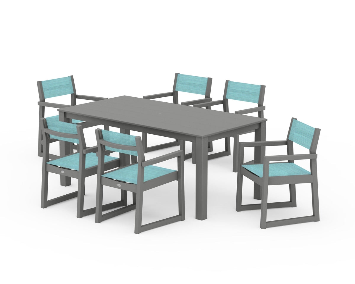POLYWOOD EDGE Sling Arm Chair 7-Piece Parsons Dining Set in Slate Grey / Dupioni Aquamarine