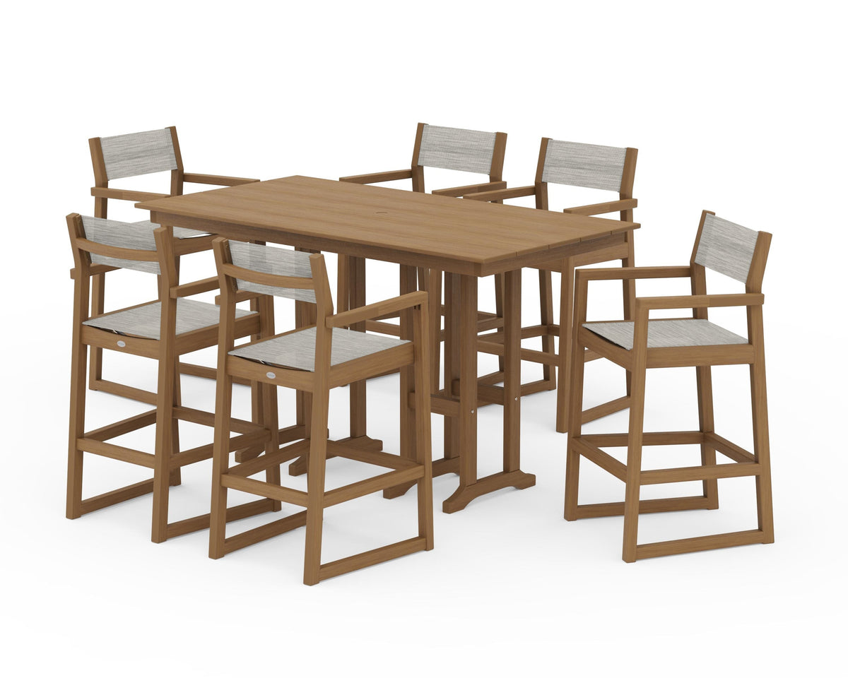 POLYWOOD EDGE Sling Arm Chair 7-Piece Farmhouse Bar Set in Natural / Birch