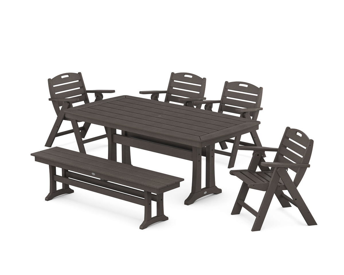 POLYWOOD Nautical Lowback 6-Piece Dining Set with Trestle Legs and Bench in Vintage Coffee