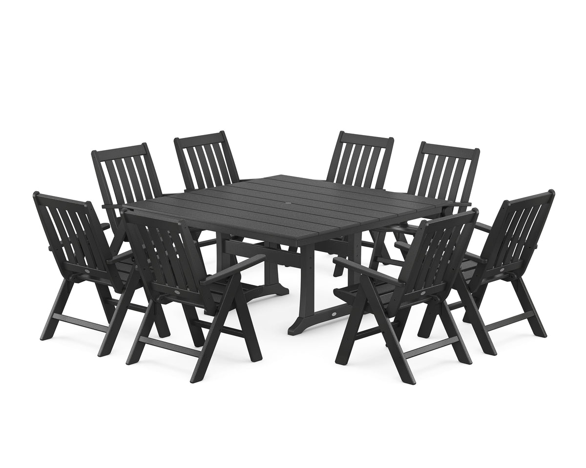 POLYWOOD Vineyard Folding Chair 9-Piece Square Farmhouse Dining Set with Trestle Legs in Black