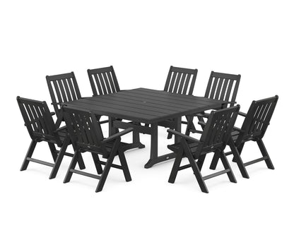 POLYWOOD Vineyard Folding Chair 9-Piece Square Farmhouse Dining Set with Trestle Legs in Black