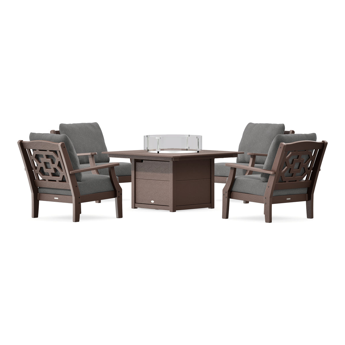 POLYWOOD Chinoiserie 5-Piece Deep Seating Set with Fire Pit Table in Mahogany