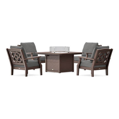 POLYWOOD Chinoiserie 5-Piece Deep Seating Set with Fire Pit Table in Mahogany