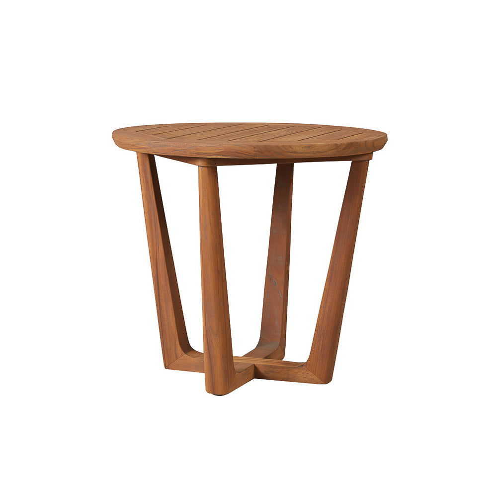 Lloyd Flanders Teak 24" Round Sled Base End Table, lifestyle photo 1