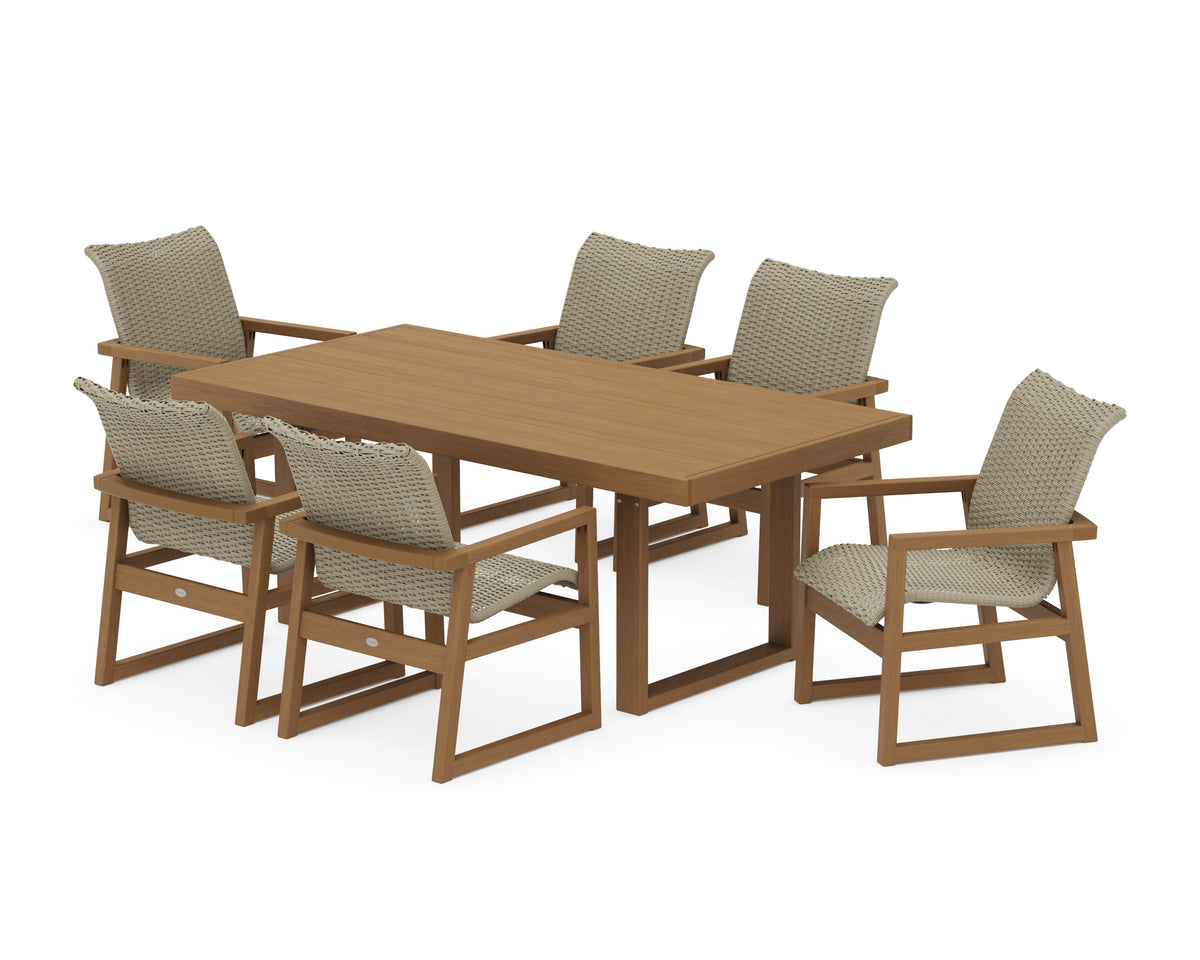 POLYWOOD EDGE Woven Arm Chair 7-Piece Dining Set in Natural / Dune Grass