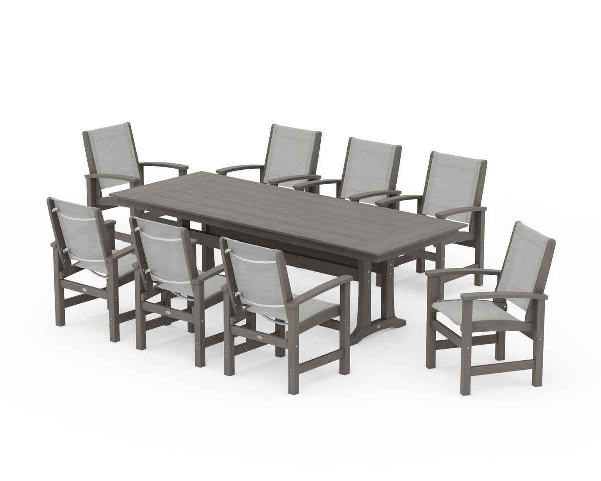 POLYWOOD Coastal 9-Piece Farmhouse Dining Set with Trestle Legs in Driftwood / Metallic