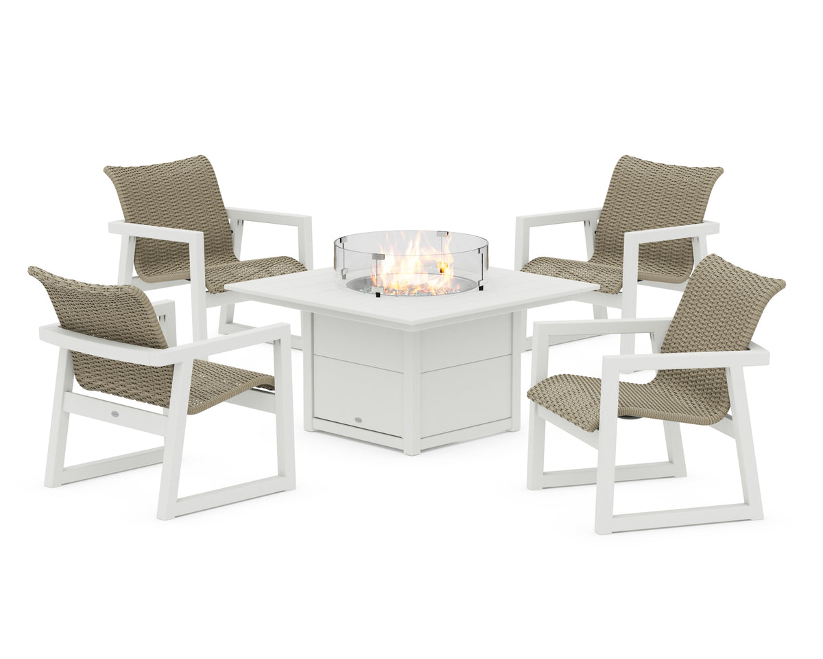 POLYWOOD EDGE Woven 5-Piece Lounge Chair Seating Set with Fire Pit Table in Vintage White / Dune Grass