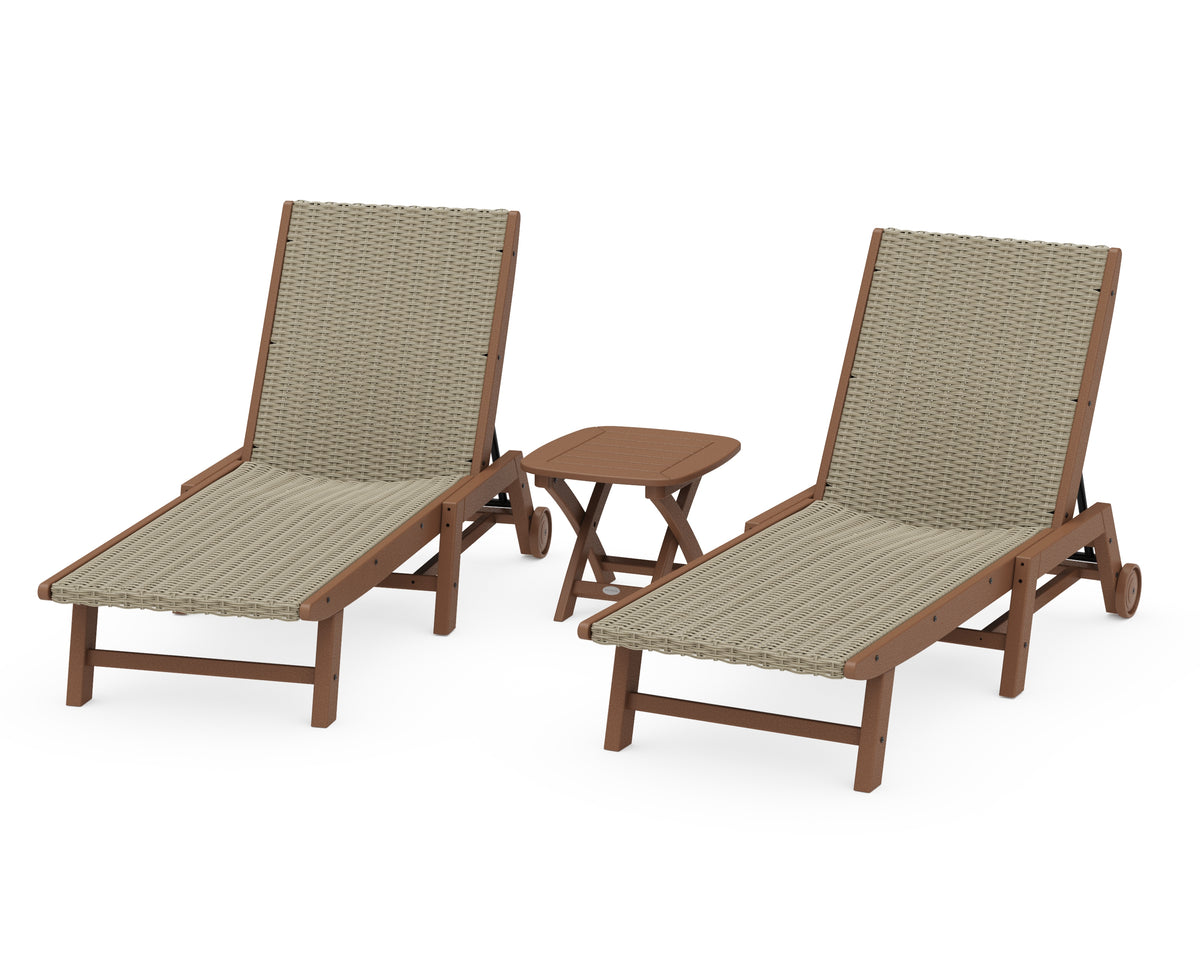POLYWOOD 3-Piece Coastal Woven Chaise with Wheels Lounge Set in Teak / Dune Grass