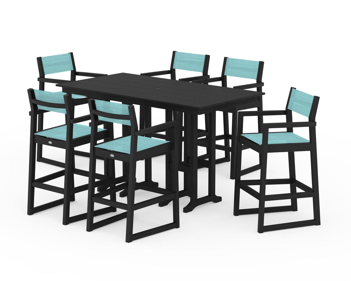 POLYWOOD EDGE Sling Arm Chair 7-Piece Farmhouse Bar Set in Black / Dupioni Aquamarine